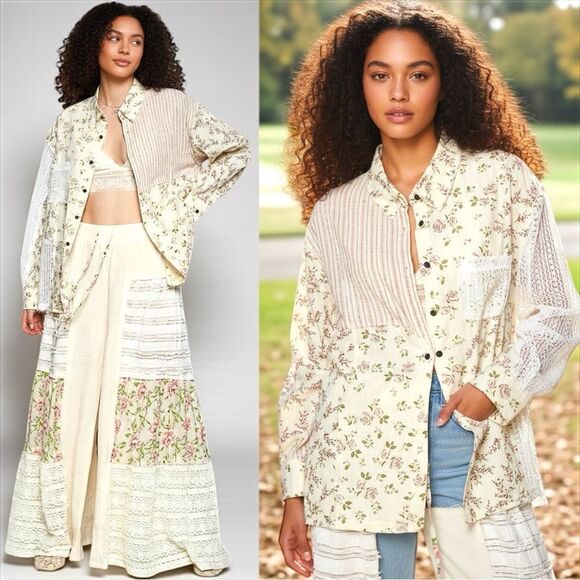 POL Oversized Shirt Lace Patchwork Floral Button-Up Long Sleeve Boho Large NEW - Picture 2 of 5